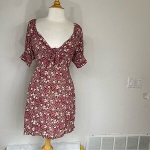 Mimi Chica Burgundy Floral Puff Sleeve Mini Dress Size Large Cottagecore Boho
